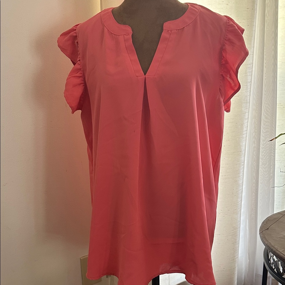 Flutter Sleeve Split-Neck Blouse in Coral